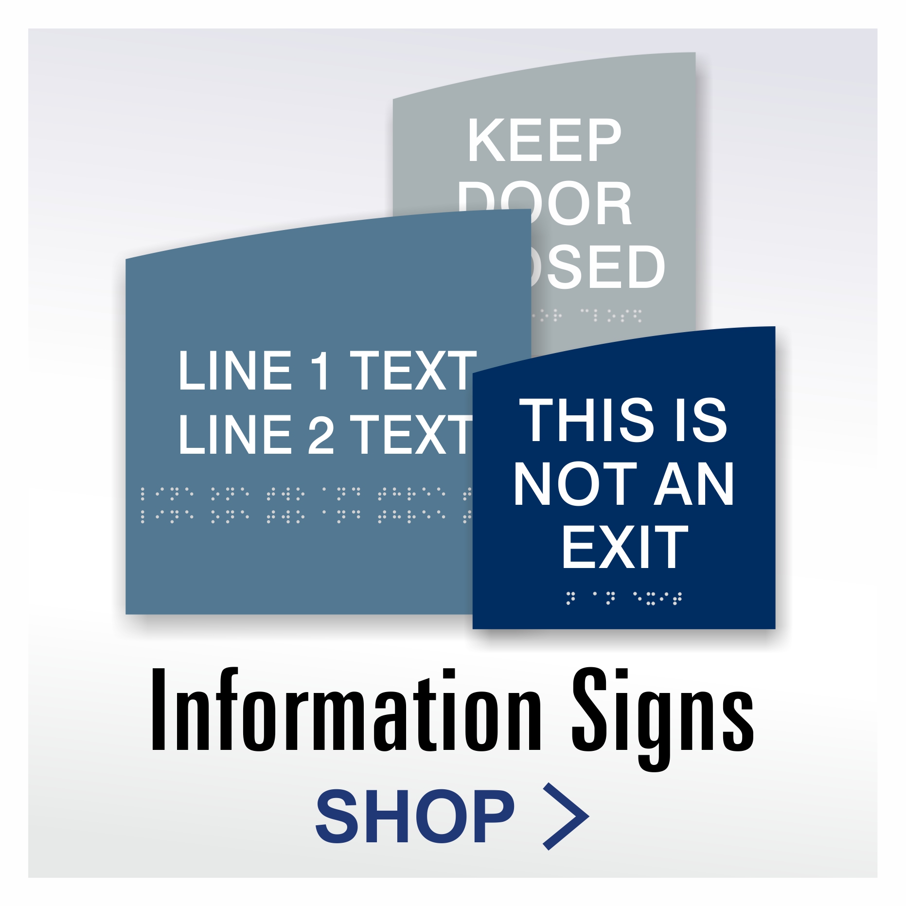 Crescent ADA information signs with raised tactile text and braille